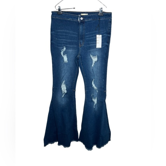 Home Folk Dallas Distressed Women’s Dark Wash Blues Flare Jeans - Picture 3 of 12